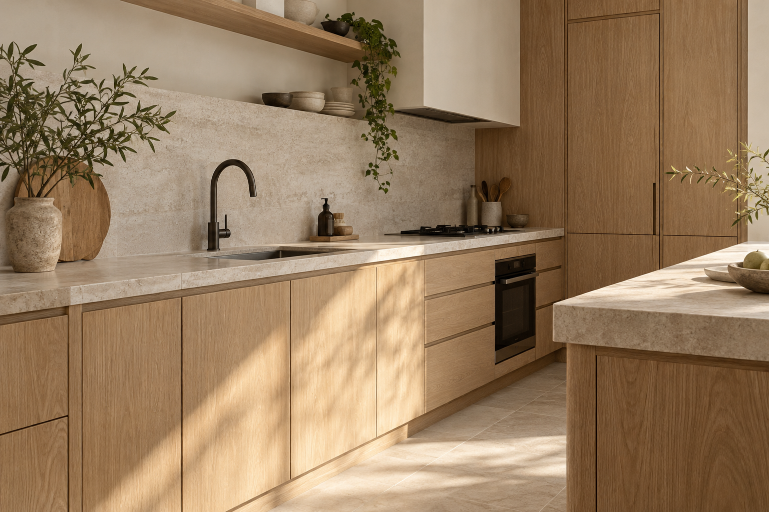 Design illustration of a light timber kitchen with crafted cabinetry and a warm neutral palette