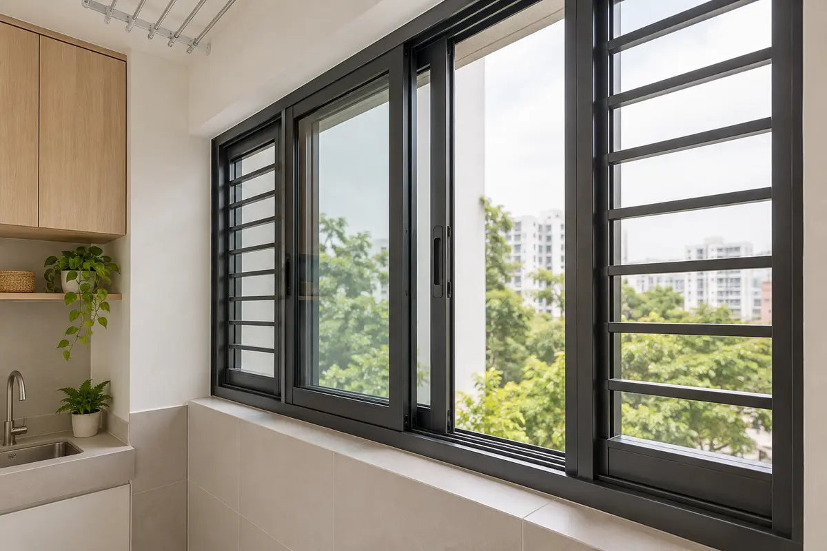Aluminium sliding windows and grilles in an apartment service yard — AI-generated service illustration