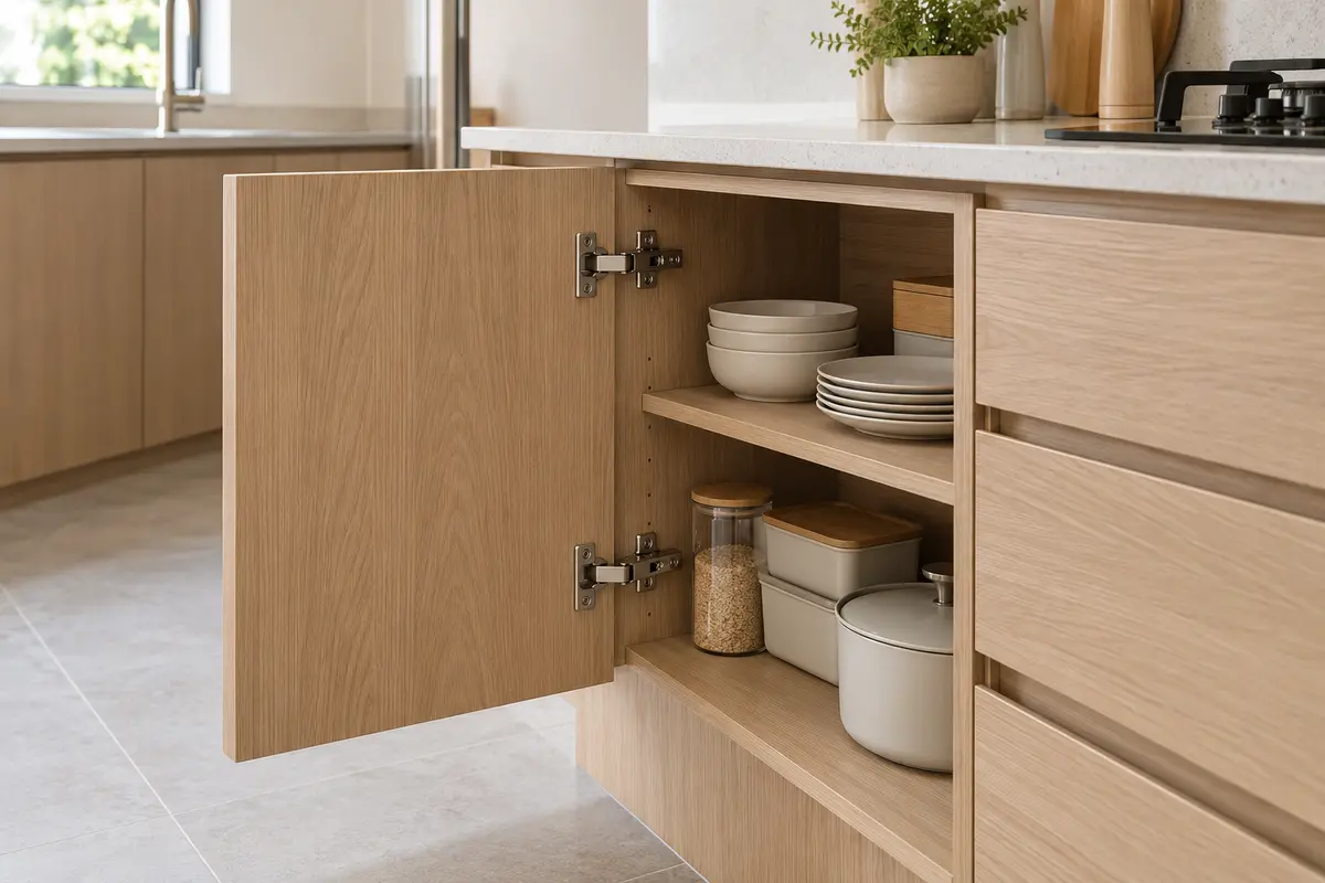 Fitted oak cabinetry with an open door and concealed hinges — AI-generated service illustration