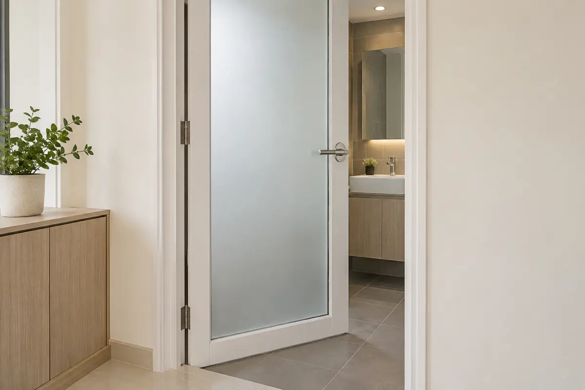 A frosted-glass bathroom door in a white aluminium frame — AI-generated service illustration