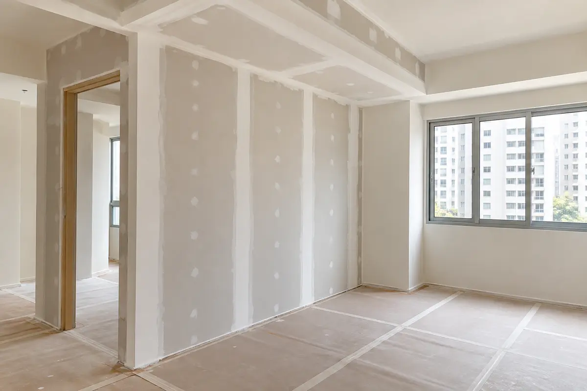 Plasterboard partitions and a ceiling during finishing — AI-generated service illustration