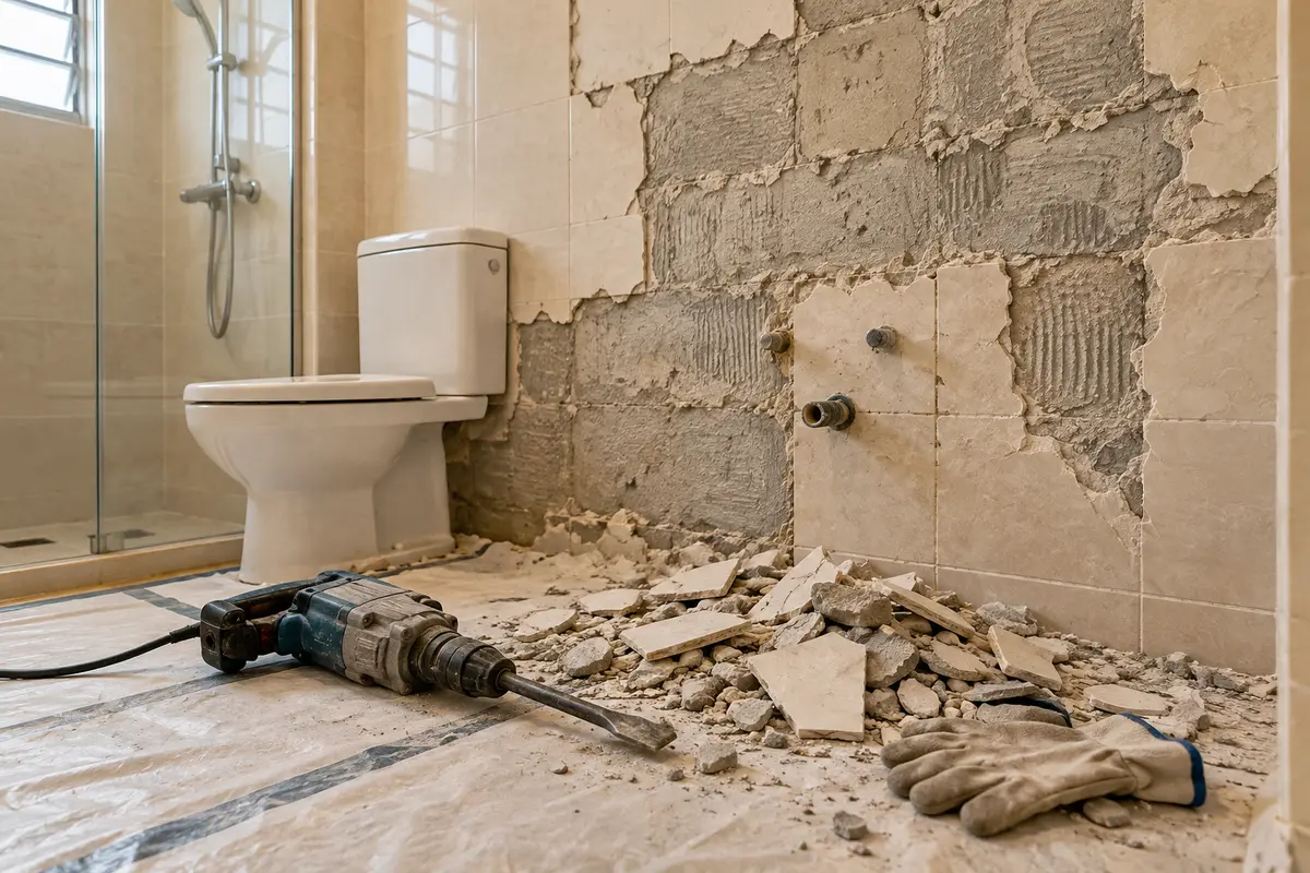 Wall tile removal during a bathroom renovation — AI-generated service illustration
