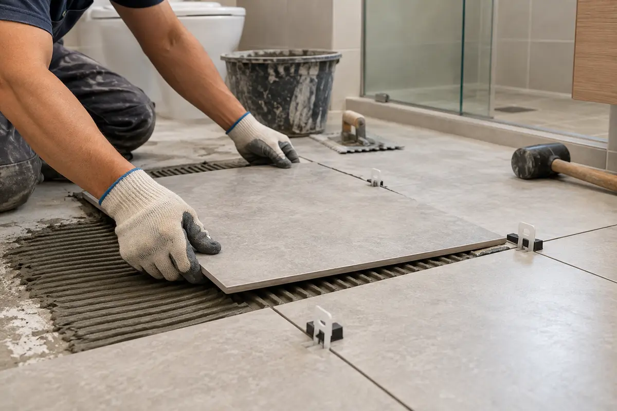 A tiler positioning a porcelain floor tile — AI-generated service illustration
