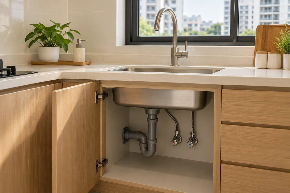 A kitchen sink, mixer tap and accessible under-sink pipework — AI-generated service illustration