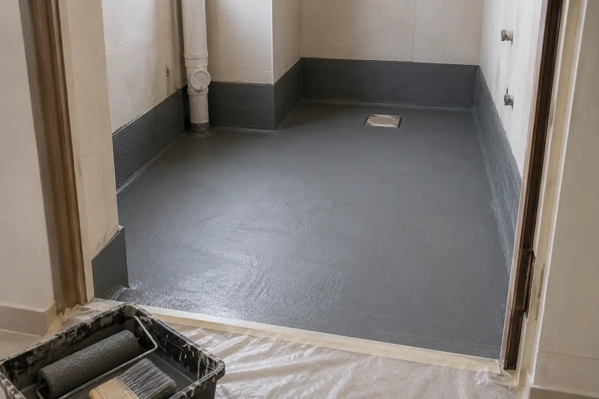 A prepared bathroom floor with waterproof membrane — AI-generated service illustration